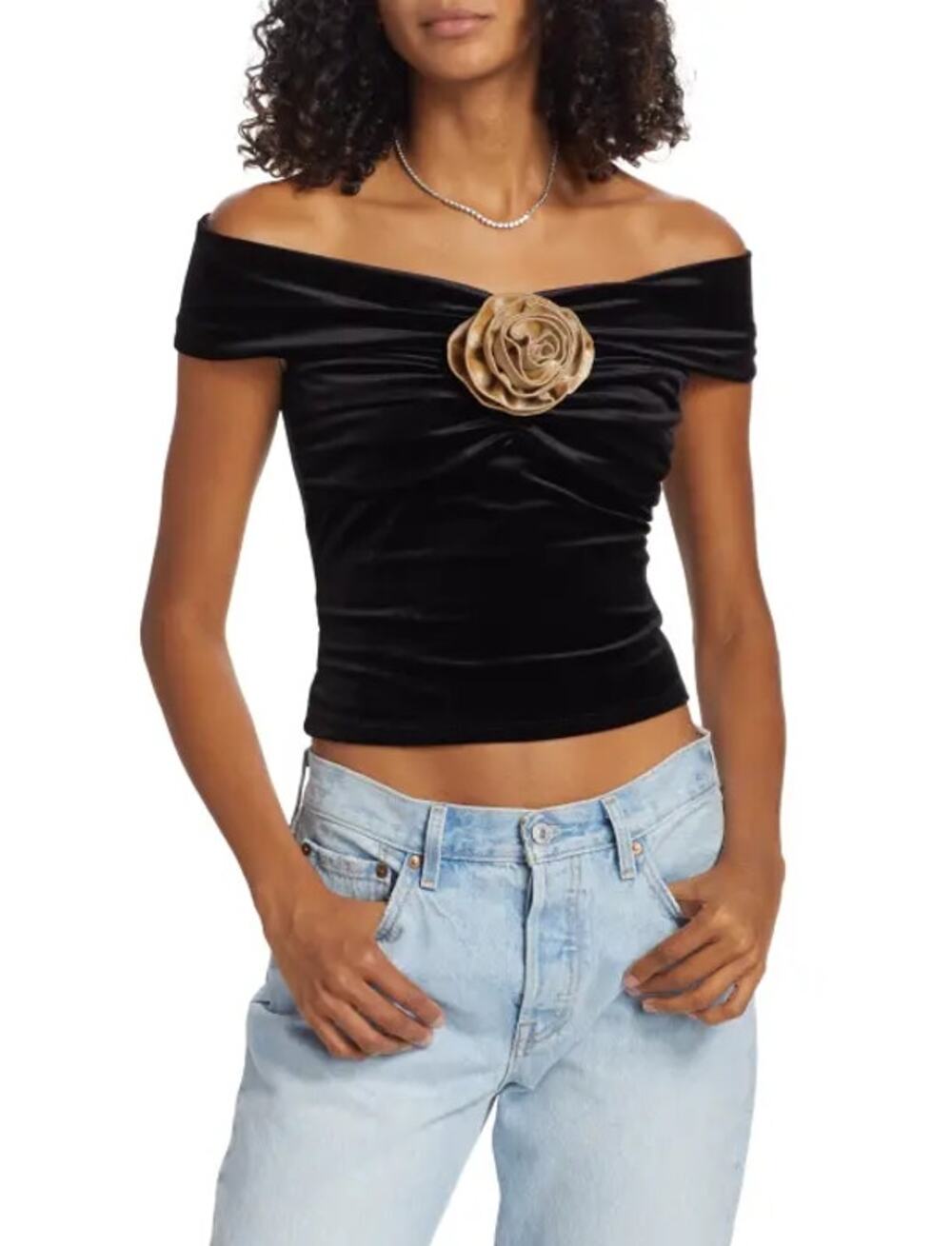 Reformation Emerald Off-The-Shoulder Stretch Velvet Blouse Black Women's Medium